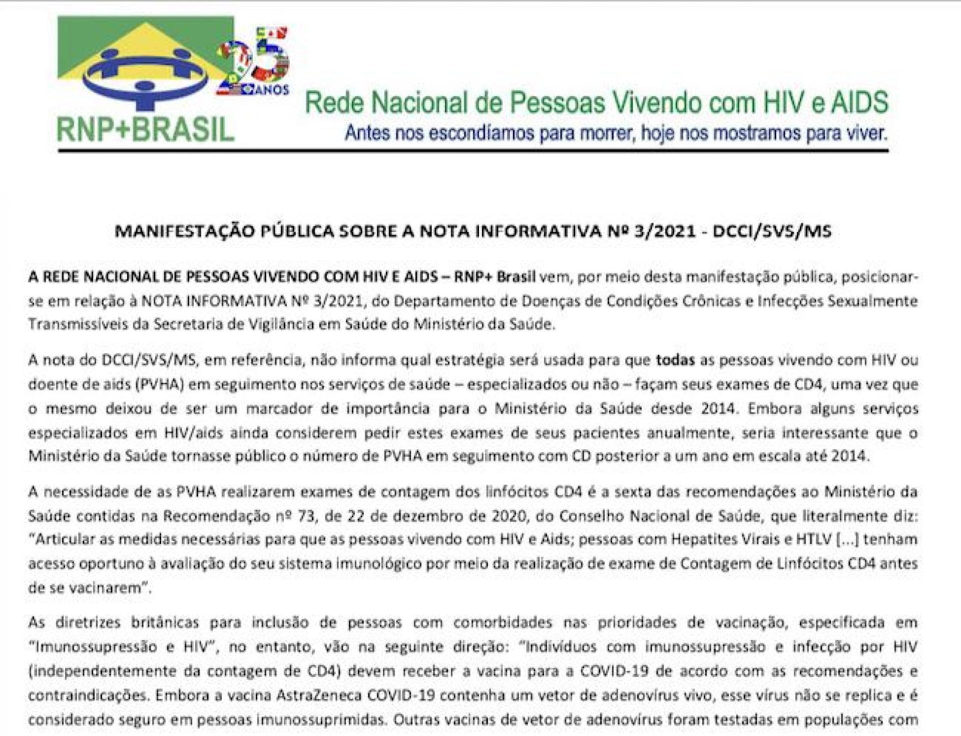 RNP+ Brasil pede vacina para as PVHA ao DCCI e para “todas as brasileiras e todos os brasileiros”