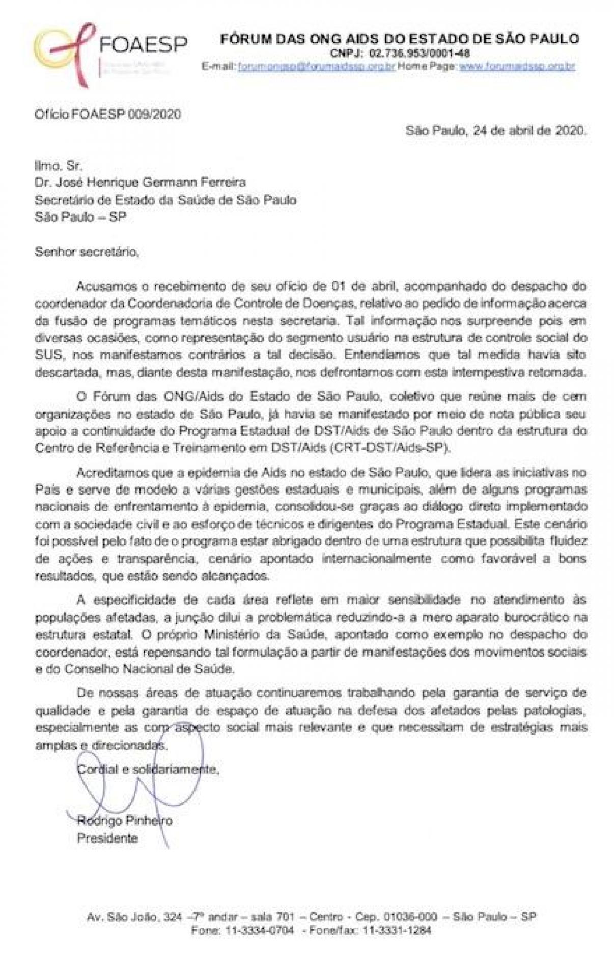 Foaesp contesta Secretaria da Saúde paulista