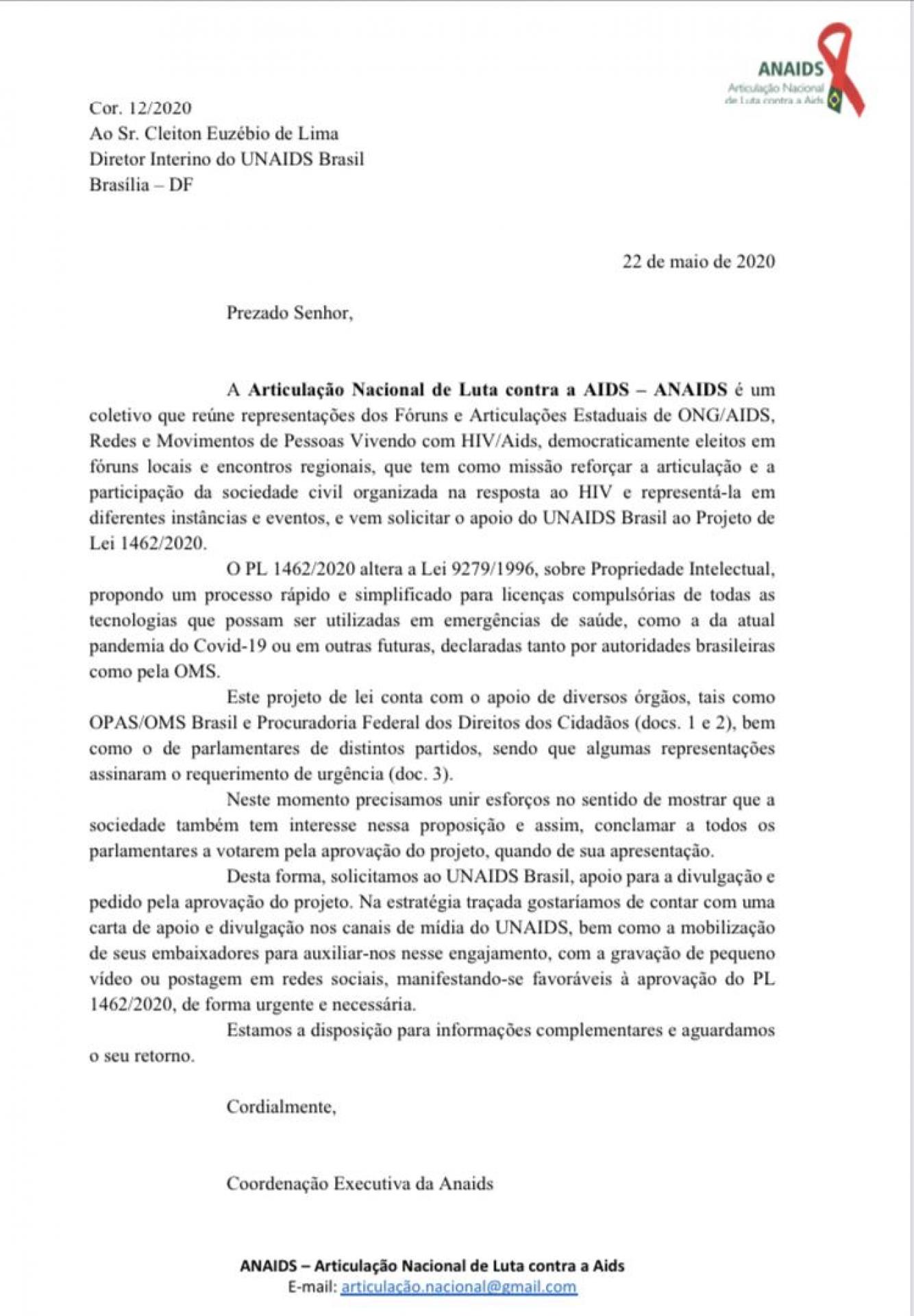 Covid-19: Anaids pede ao Unaids apoio ao PL 1462/2020